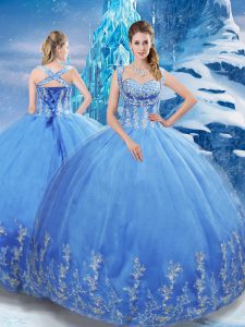 Dramatic Sleeveless Tulle Floor Length Lace Up Ball Gown Prom Dress in Baby Blue with Beading and Appliques