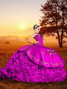 Custom Design Fuchsia Sleeveless Organza Brush Train Lace Up Sweet 16 Dress for Military Ball and Sweet 16 and Quinceanera