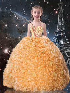 Stunning Gold Ball Gowns Beading and Ruffles Child Pageant Dress Lace Up Organza Sleeveless Floor Length