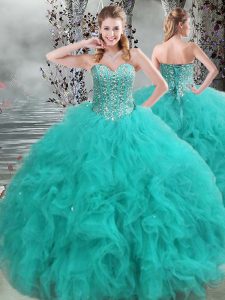 Fabulous Sleeveless Organza Floor Length Lace Up Sweet 16 Dresses in Turquoise with Beading and Ruffles