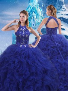 Clearance Organza Scoop Sleeveless Brush Train Lace Up Beading and Ruffles Vestidos de Quinceanera in Blue