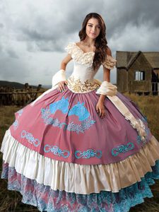 Lovely Off The Shoulder Sleeveless Taffeta Sweet 16 Quinceanera Dress Embroidery and Ruffled Layers Brush Train Lace Up