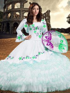 White Ball Gowns Square Long Sleeves Organza Floor Length Lace Up Embroidery and Ruffled Layers 15 Quinceanera Dress