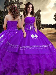 Purple Sleeveless Embroidery and Ruffled Layers Floor Length Sweet 16 Dresses