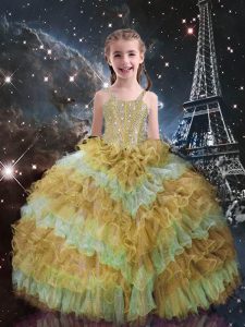 Champagne Sleeveless Beading and Ruffled Layers Floor Length Girls Pageant Dresses