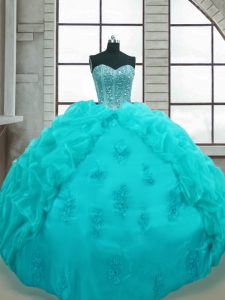 Charming Aqua Blue Organza Lace Up Quinceanera Dress Sleeveless Floor Length Beading and Appliques and Pick Ups