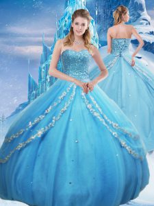 Fancy Baby Blue Quince Ball Gowns Military Ball and Sweet 16 and Quinceanera with Beading and Appliques and Sequins Sweetheart Sleeveless Lace Up
