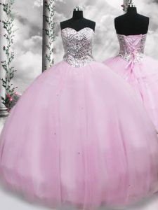 Traditional Lilac Quince Ball Gowns Tulle Brush Train Sleeveless Beading