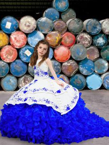 Blue And White Ball Gowns Organza Sweetheart Sleeveless Embroidery and Ruffled Layers Lace Up Kids Formal Wear Brush Train