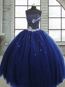 Graceful Floor Length Navy Blue Sweet 16 Dresses Tulle Sleeveless Beading
