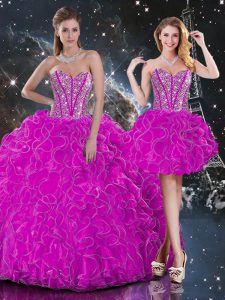 Fuchsia Sleeveless Organza Lace Up Sweet 16 Dresses for Military Ball and Sweet 16 and Quinceanera