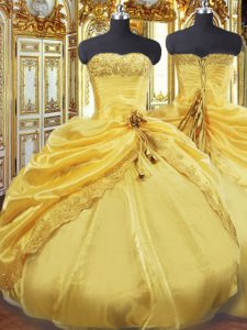 Affordable Sleeveless Taffeta Floor Length Lace Up 15th Birthday Dress in Gold with Beading and Pick Ups
