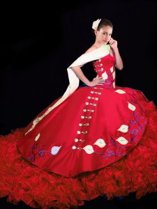 Red Sleeveless Taffeta Brush Train Lace Up Ball Gown Prom Dress for Military Ball and Sweet 16 and Quinceanera