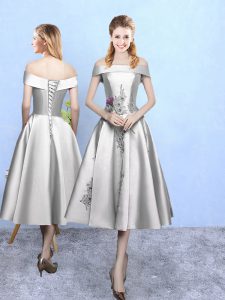 Customized Sleeveless Lace Up Tea Length Appliques Bridesmaid Dress