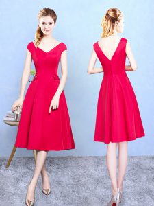 Red Wedding Guest Dresses Wedding Party with Ruching V-neck Cap Sleeves Zipper
