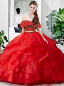 Floor Length Red Quinceanera Dresses Off The Shoulder Sleeveless Lace Up
