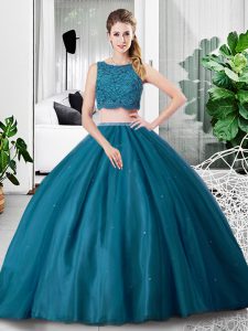 Chic Teal Tulle Zipper Quinceanera Dresses Sleeveless Floor Length Lace and Ruching