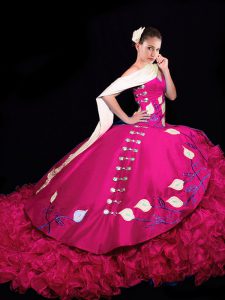 Gorgeous Fuchsia Ball Gowns V-neck Sleeveless Taffeta Brush Train Lace Up Embroidery and Ruffles Sweet 16 Dress