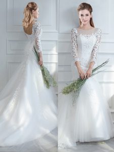 Tulle Scoop Long Sleeves Court Train Lace Up Lace Wedding Gowns in White