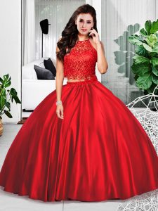 Taffeta Halter Top Sleeveless Zipper Lace and Ruching Sweet 16 Quinceanera Dress in Wine Red
