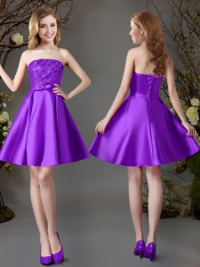 Sleeveless Mini Length Beading Lace Up Wedding Party Dress with Eggplant Purple