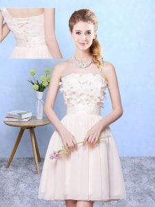 Sexy Strapless Sleeveless Lace Up Dama Dress for Quinceanera Champagne Chiffon