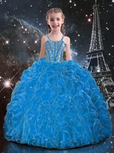 Latest Baby Blue Lace Up Straps Beading and Ruffles Girls Pageant Dresses Organza Sleeveless