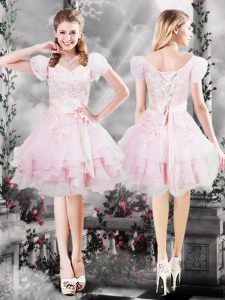 Eye-catching Knee Length Baby Pink Prom Dresses V-neck Short Sleeves Lace Up