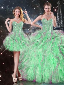 Dramatic Apple Green Lace Up Quince Ball Gowns Beading and Ruffles Sleeveless Floor Length