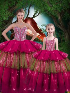 Graceful Sweetheart Sleeveless Ball Gown Prom Dress Floor Length Beading and Ruffled Layers Fuchsia Organza