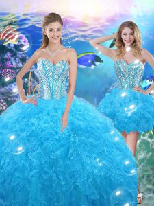 Elegant Sweetheart Sleeveless 15th Birthday Dress Floor Length Beading and Ruffles Baby Blue Organza