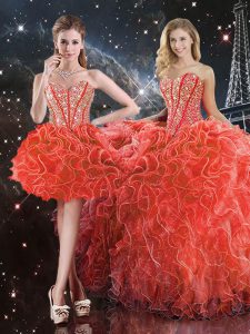 Pretty Sleeveless Organza Floor Length Lace Up 15th Birthday Dress in Coral Red with Beading and Ruffles