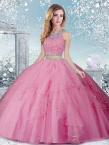 Superior Rose Pink Sleeveless Beading Floor Length Quince Ball Gowns