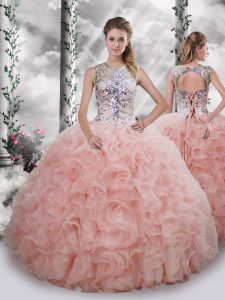 Baby Pink Lace Up Ball Gown Prom Dress Beading and Ruffles Sleeveless Floor Length