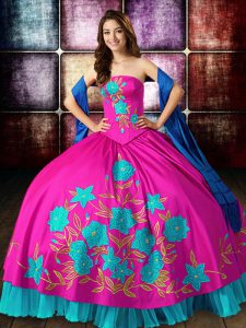 Artistic Floor Length Lace Up Sweet 16 Dress Multi-color for Military Ball and Sweet 16 and Quinceanera with Embroidery