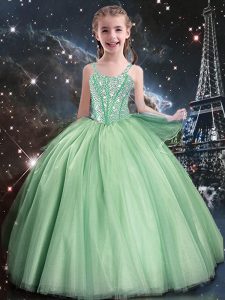 Beauteous Floor Length Apple Green Little Girls Pageant Dress Straps Sleeveless Lace Up