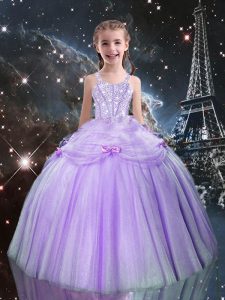 Hot Selling Tulle Straps Sleeveless Lace Up Beading Child Pageant Dress in Lilac