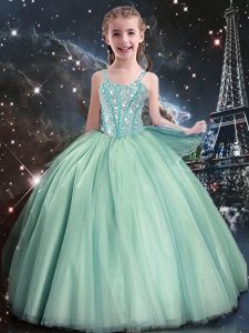 Turquoise Tulle Lace Up Girls Pageant Dresses Sleeveless Floor Length Beading