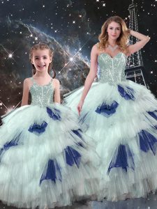 Sleeveless Organza Floor Length Lace Up 15th Birthday Dress in Blue And White with Beading and Ruffled Layers