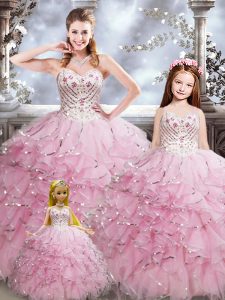 Elegant Baby Pink Lace Up Vestidos de Quinceanera Beading and Ruffles Sleeveless Floor Length