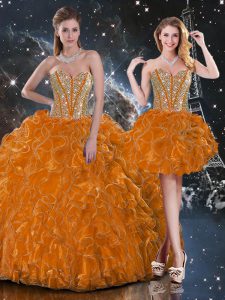 Spectacular Rust Red Sleeveless Organza Lace Up Sweet 16 Quinceanera Dress for Military Ball and Sweet 16 and Quinceanera