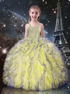 Exquisite Light Yellow Ball Gowns Organza Straps Sleeveless Beading and Ruffles Floor Length Lace Up Casual Dresses