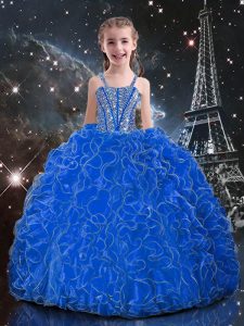 Blue Organza Lace Up Straps Sleeveless Floor Length Pageant Gowns For Girls Beading and Ruffles
