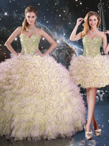 Light Yellow Sleeveless Organza Lace Up Ball Gown Prom Dress for Military Ball and Sweet 16 and Quinceanera