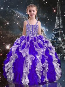 Fashion Purple Ball Gowns Straps Sleeveless Organza Floor Length Lace Up Beading and Ruffles Kids Pageant Dress