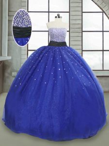 Eye-catching Royal Blue Strapless Neckline Beading and Sequins Sweet 16 Dress Sleeveless Lace Up