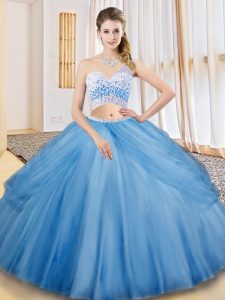 Dynamic Baby Blue Tulle Criss Cross Sweet 16 Dress Sleeveless Floor Length Beading and Ruching and Pick Ups