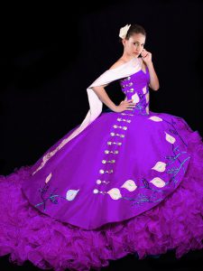 High Class Eggplant Purple Sleeveless Brush Train Embroidery and Ruffles Sweet 16 Quinceanera Dress
