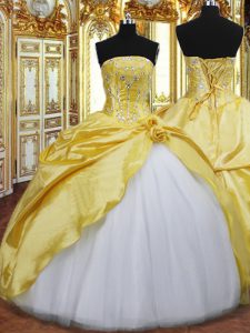 Spectacular Floor Length Lace Up Quinceanera Gowns Gold for Military Ball and Sweet 16 and Quinceanera with Beading and Hand Made Flower
