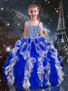 Blue Organza Lace Up Little Girl Pageant Dress Sleeveless Floor Length Beading and Ruffles